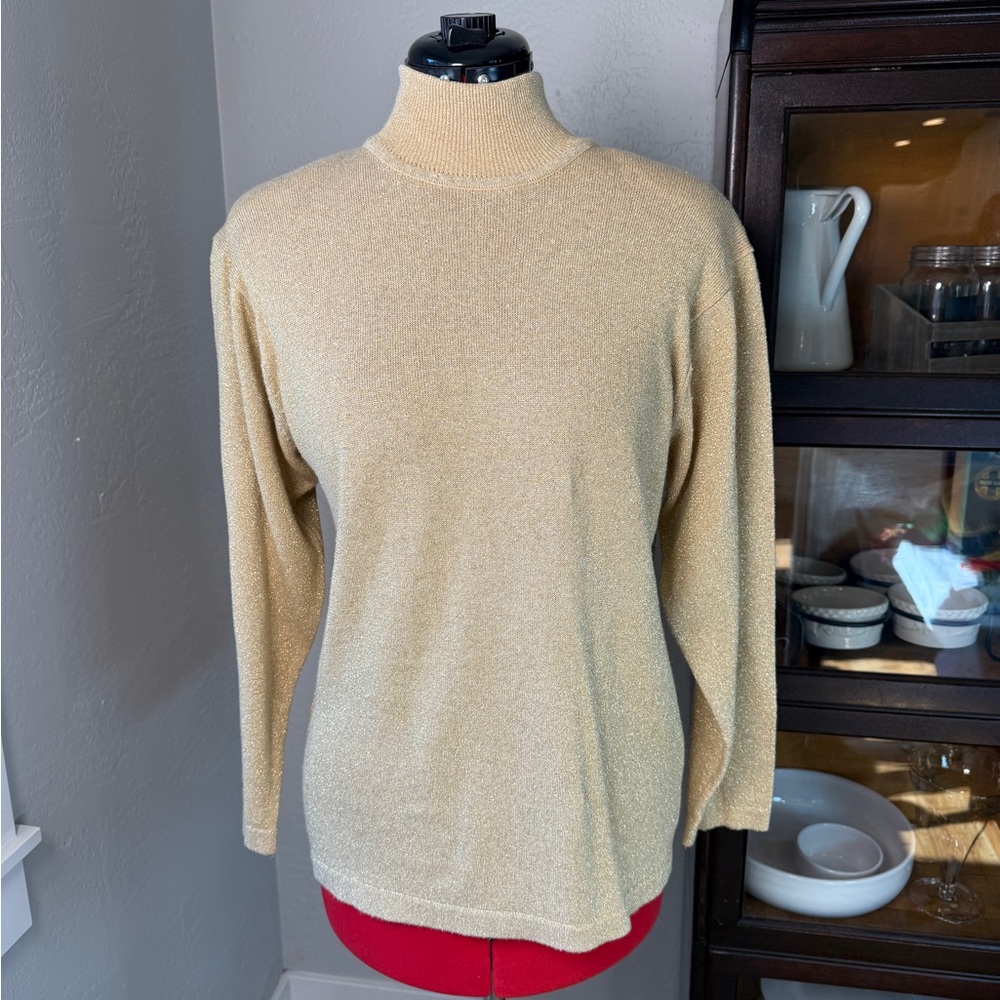 Vintage Norm Thompson Gold Metallic Knit Turtleneck Sweater Size M